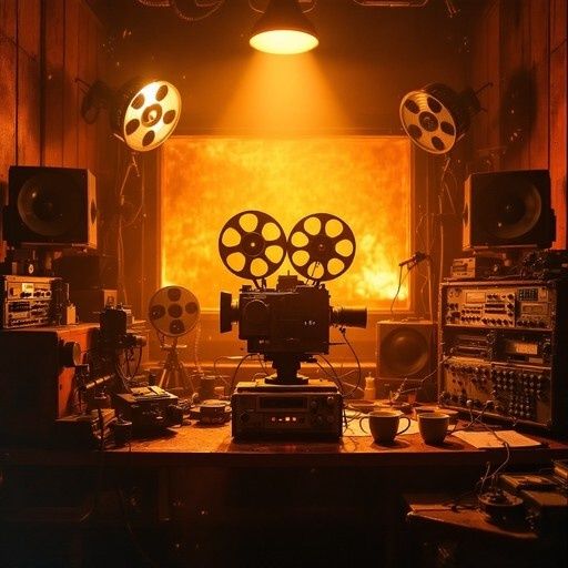 Film reels and editing equipment glowing in an amber-lit studio